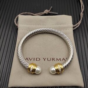 🌟 DAVID YURMAN 7mm Pearl & Gold Cable Bracelet 16-20cm